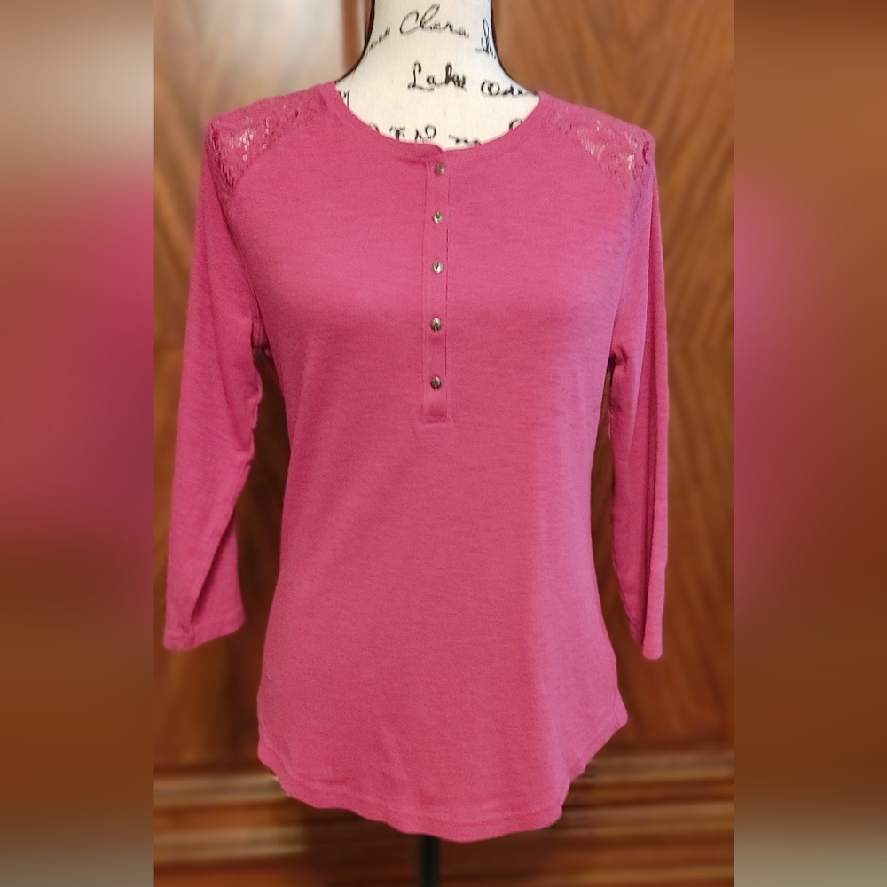 Chaps, NWOT, size "M/L", raspberry soft knit button up top, lace at shoulder